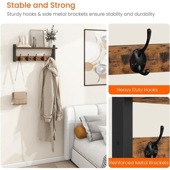 Wall Hooks with Shelf, Wood Coat Rack with Shelf Wall-Mounted, Entryway Hanging - Picture 4 of 7